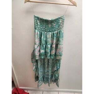 Ibiza Line Womens Green Pink Floral Smocked High Low Tiered Ruffle Skirt Boho